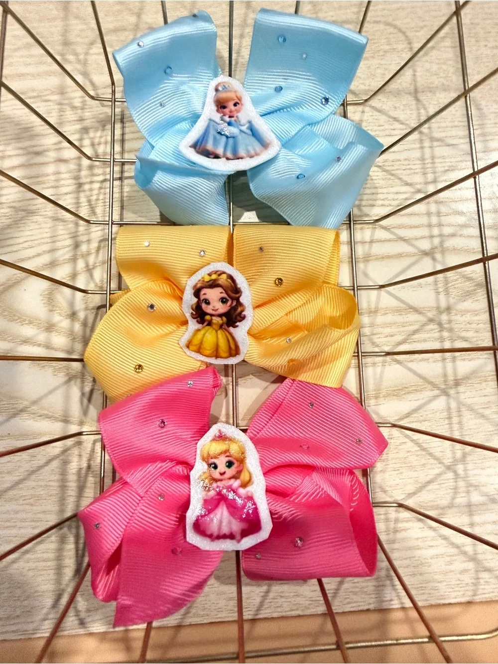 Pack of 3 Kids Princess Ribbon Hair Bows in Blue, Yellow & Pink